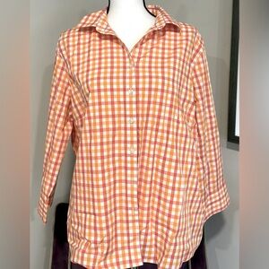 Lands End Women’s No Iron Orange/Red Button Up Blouse